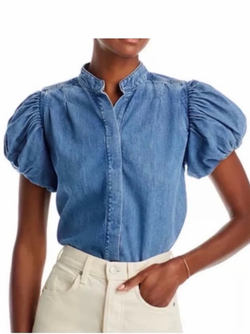 Denim Chambray Puff Sleeve Button Up Prairie Blouse Cottagecore Top - Picture 12 of 12